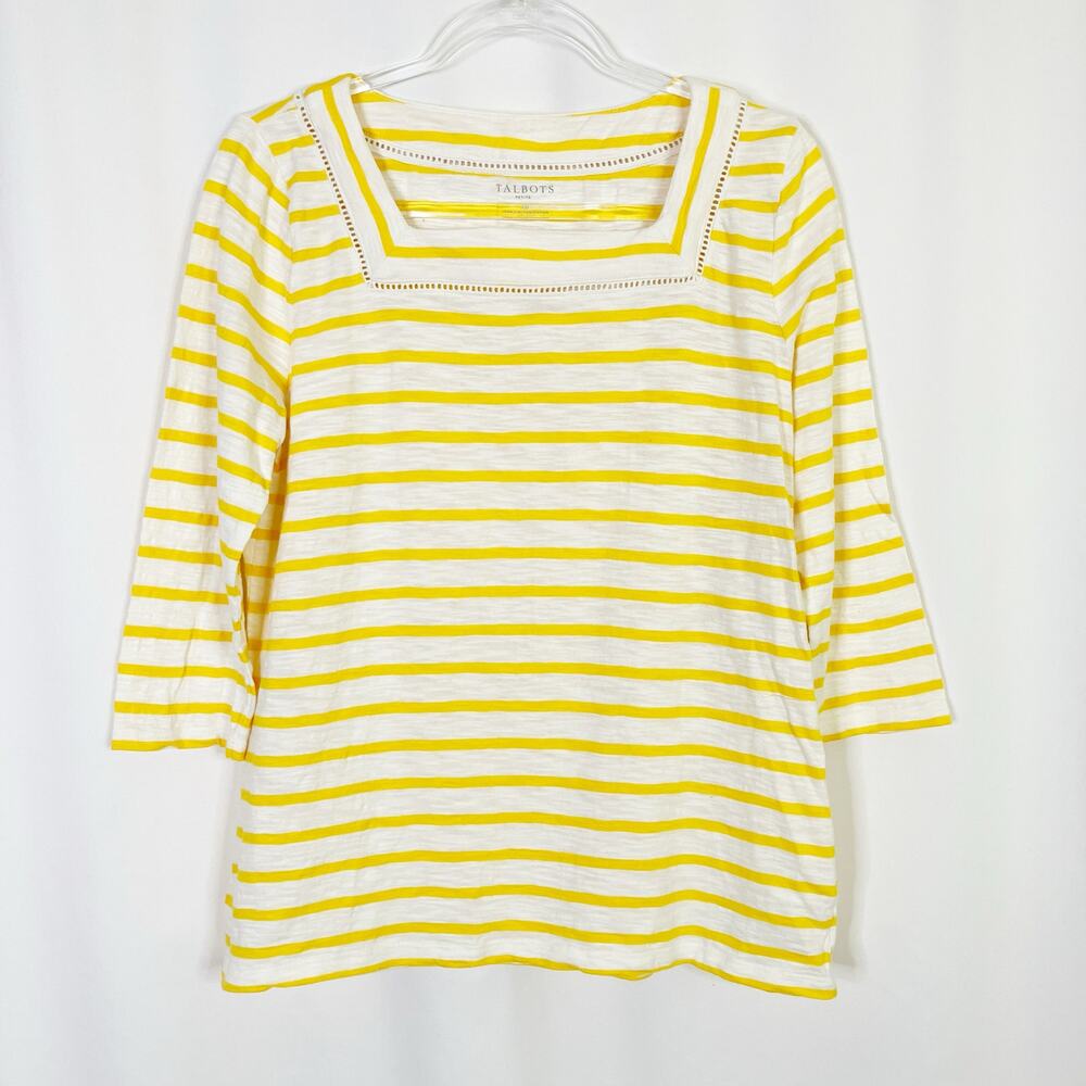 Talbots Petite Yellow Stripe Burnout 3/4 Sleeve Tee Cotton Womens Large Petite